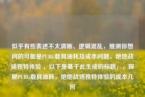 似乎有些表述不太清晰、逻辑混乱,推测你想问的可能是PUBG载具油耗及成本问题,绝地战场独特体验 ,以下是基于此生成的标题,,探秘PUBG载具油耗,绝地战场独特体验的成本几何