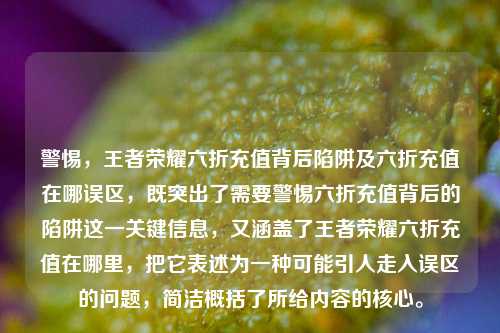 警惕,王者荣耀六折充值背后陷阱及六折充值在哪误区,既突出了需要警惕六折充值背后的陷阱这一关键信息,又涵盖了王者荣耀六折充值在哪里,把它表述为一种可能引人走入误区的问题,简洁概括了所给内容的核心。