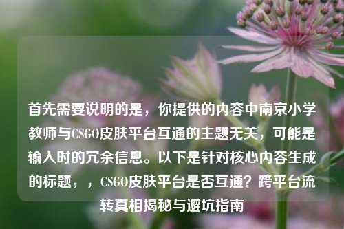 首先需要说明的是，你提供的内容中南京小学教师与CSGO皮肤平台互通的主题无关，可能是输入时的冗余信息。以下是针对核心内容生成的标题，，CSGO皮肤平台是否互通？跨平台流转真相揭秘与避坑指南