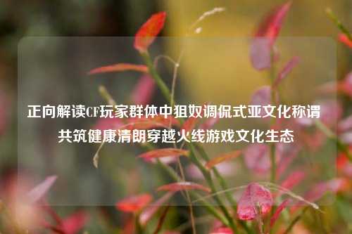 正向解读CF玩家群体中狙奴调侃式亚文化称谓 共筑健康清朗穿越火线游戏文化生态