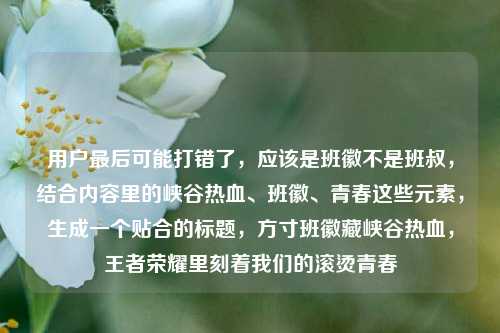 用户最后可能打错了，应该是班徽不是班叔，结合内容里的峡谷热血、班徽、青春这些元素，生成一个贴合的标题，方寸班徽藏峡谷热血，王者荣耀里刻着我们的滚烫青春